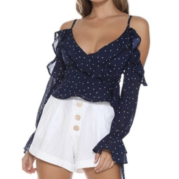 RUNAWAY polka dot blue and white off the cold shoulder ruffled wrap top blouse s - Picture 1 of 16
